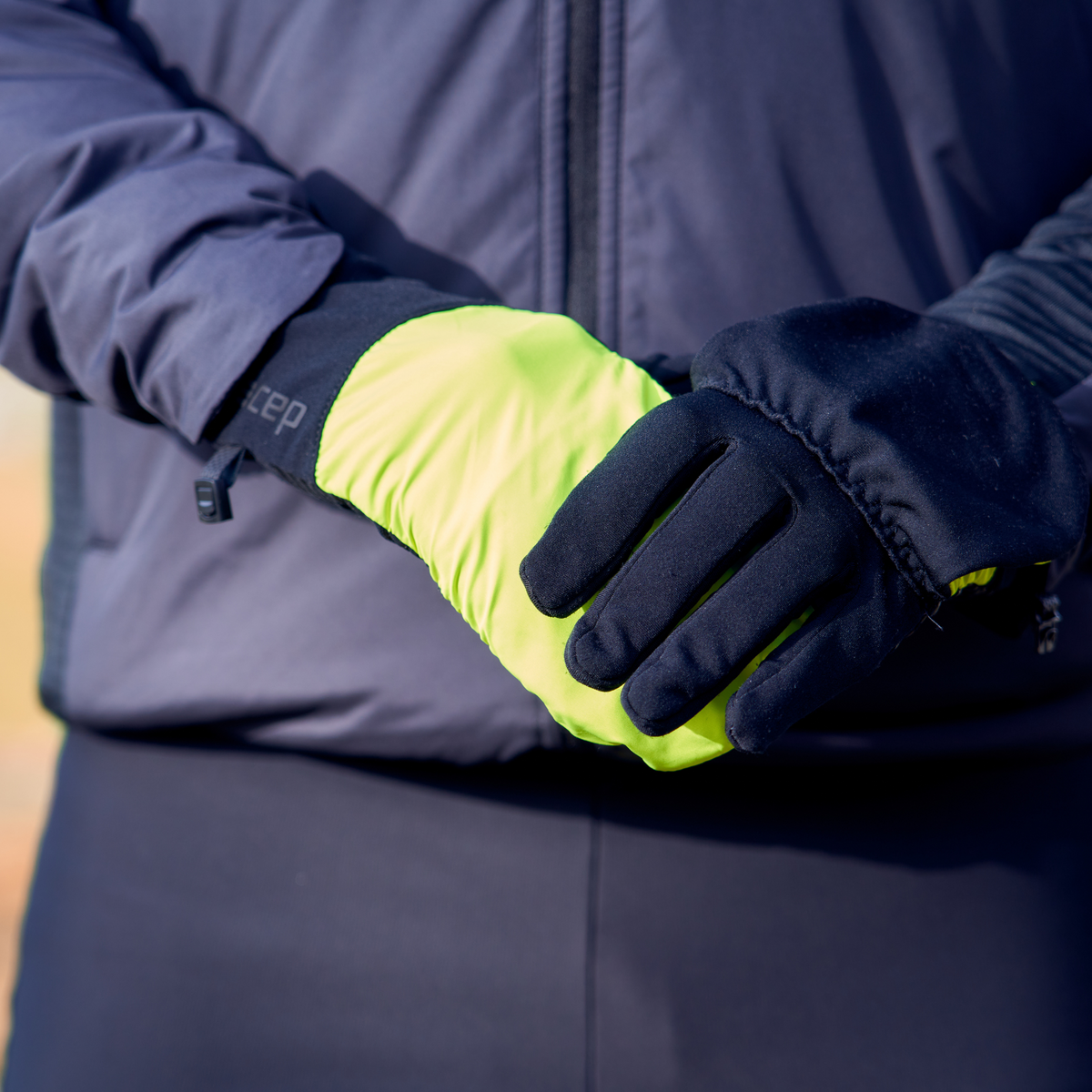 Cold Weather 2-in-1 Gloves, Neon Yellow/Black, close-up detail