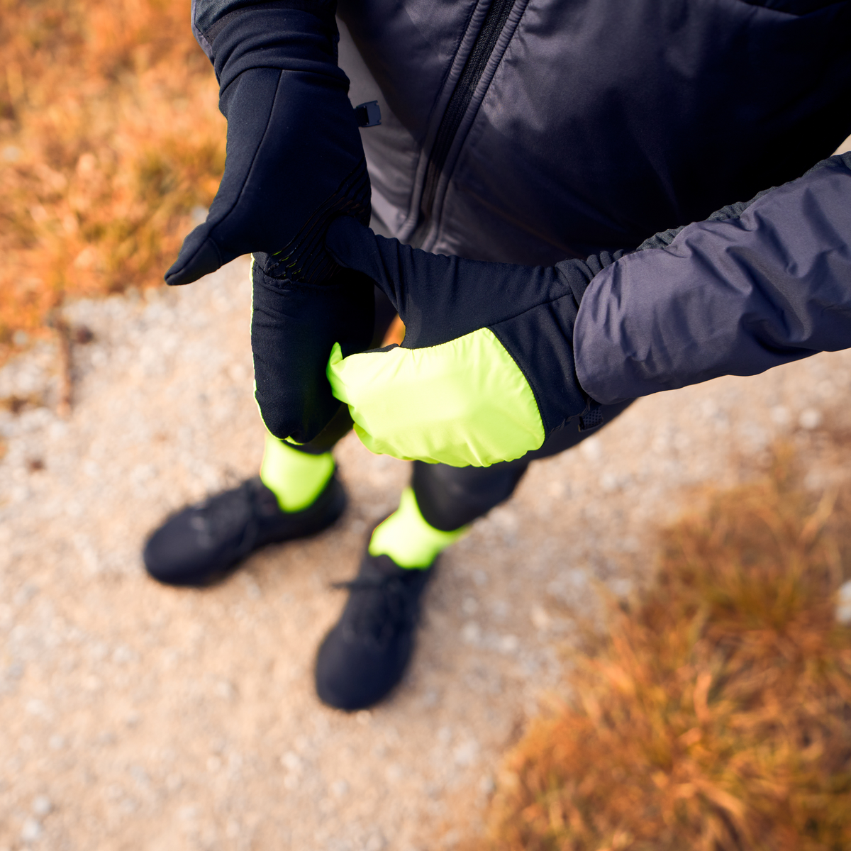 Cold Weather 2-in-1 Gloves, Neon Yellow/Black, close-up detail