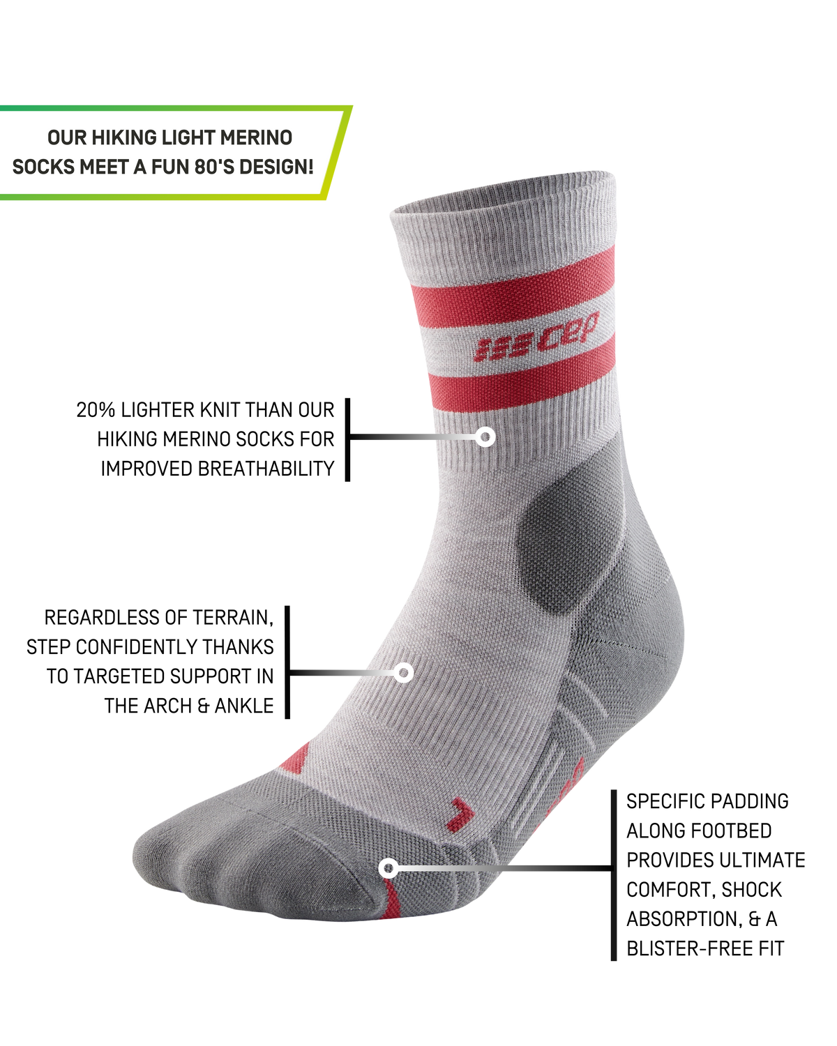 Hiking 80s Mid Cut Compression Socks, Men, Light Grey/Red
