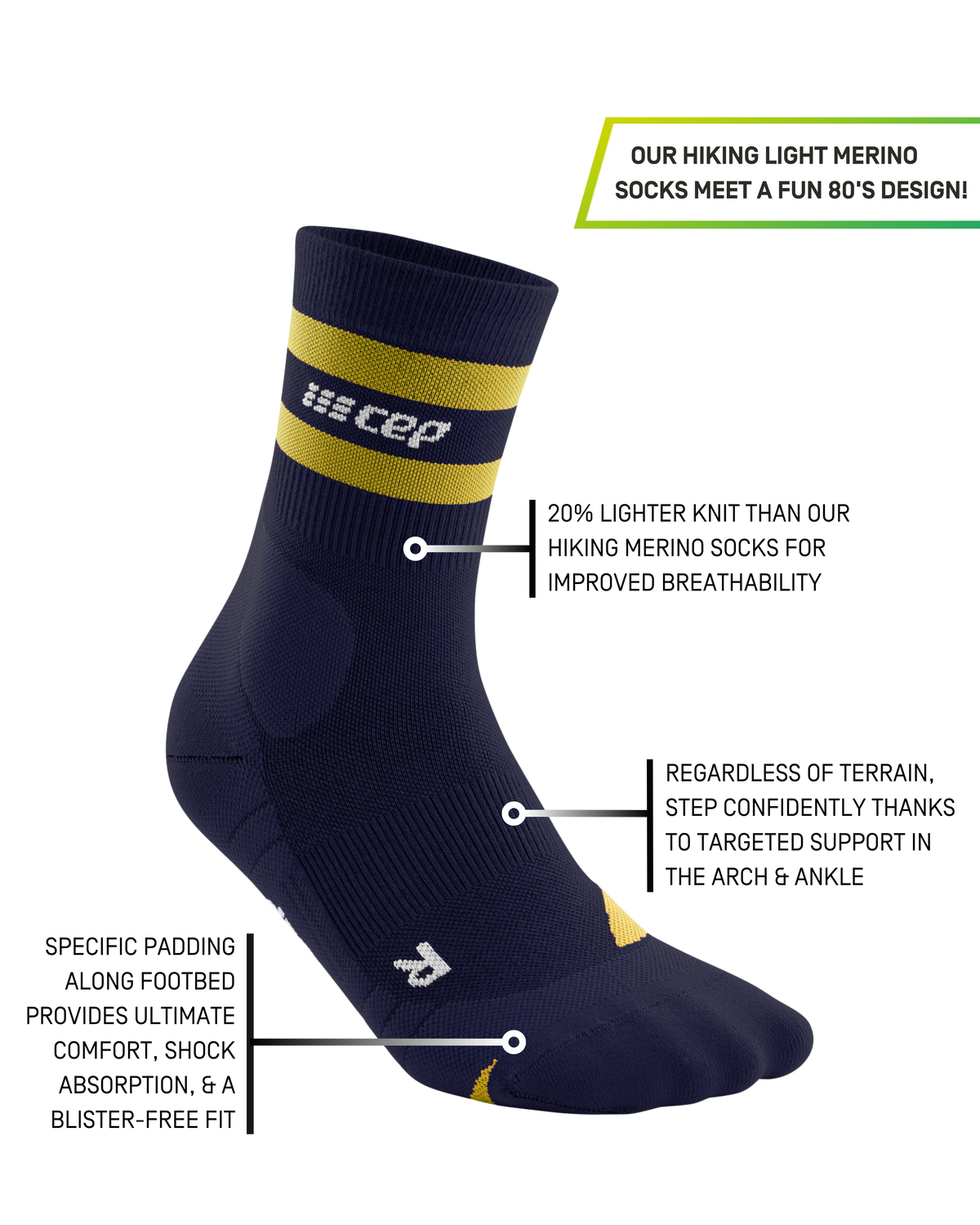 Hiking 80s Mid Cut Compression Socks, Men, Peacoat/Gold
