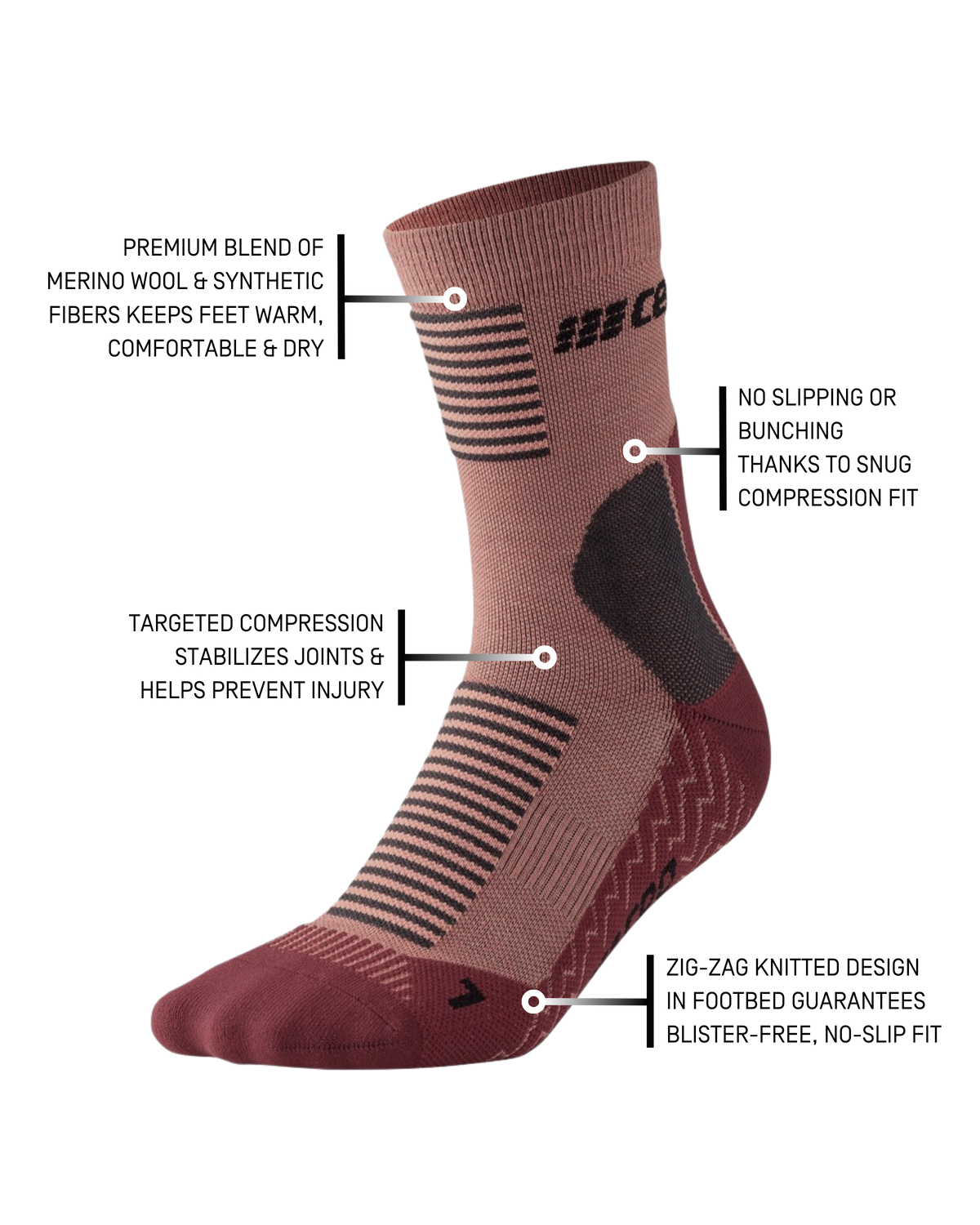 Cold Weather Mid Cut Compression Socks, Women, Rose