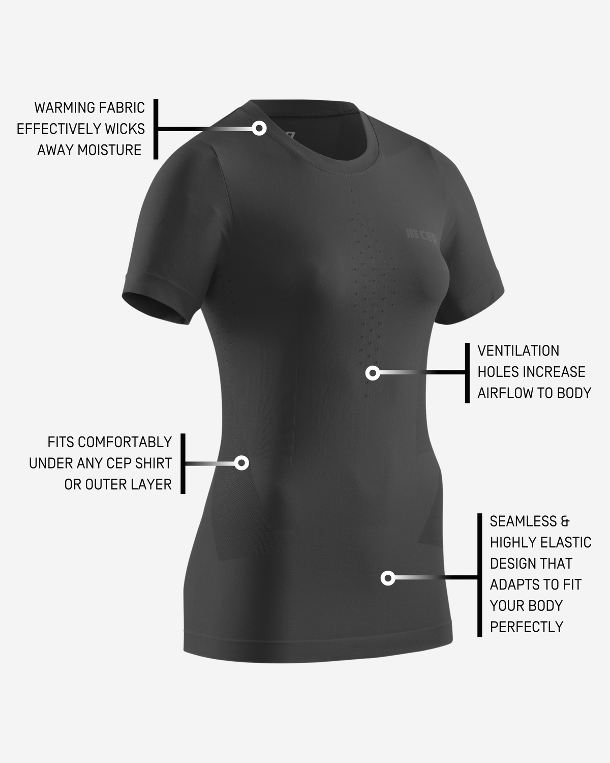 Cold Weather Short Sleeve Base Shirt, Women, Black