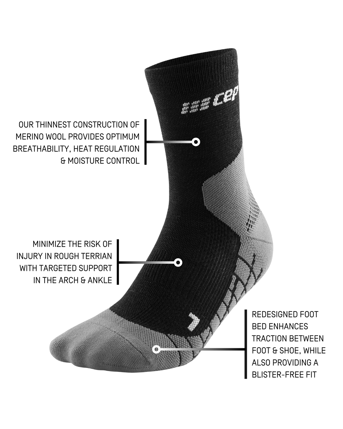 Hiking Light Merino Mid Cut Compression Socks, Women, Black