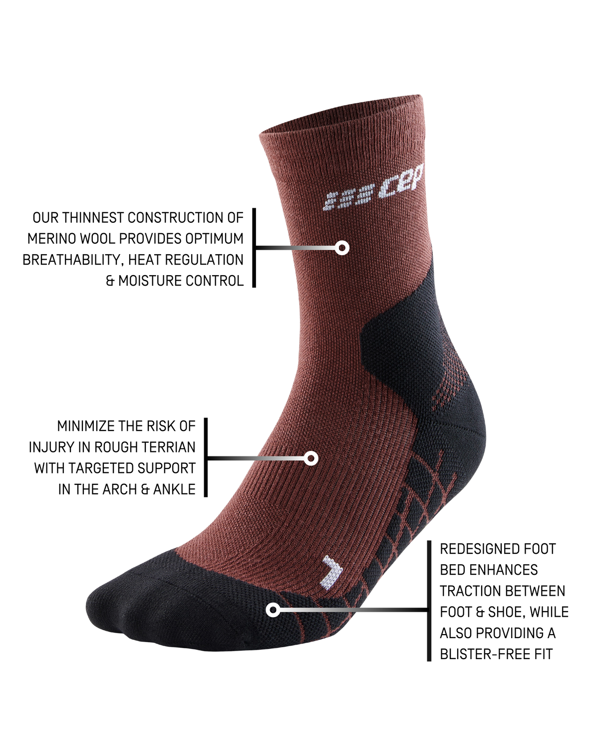 Hiking Light Merino Mid Cut Compression Socks, Women, Cherry Brown