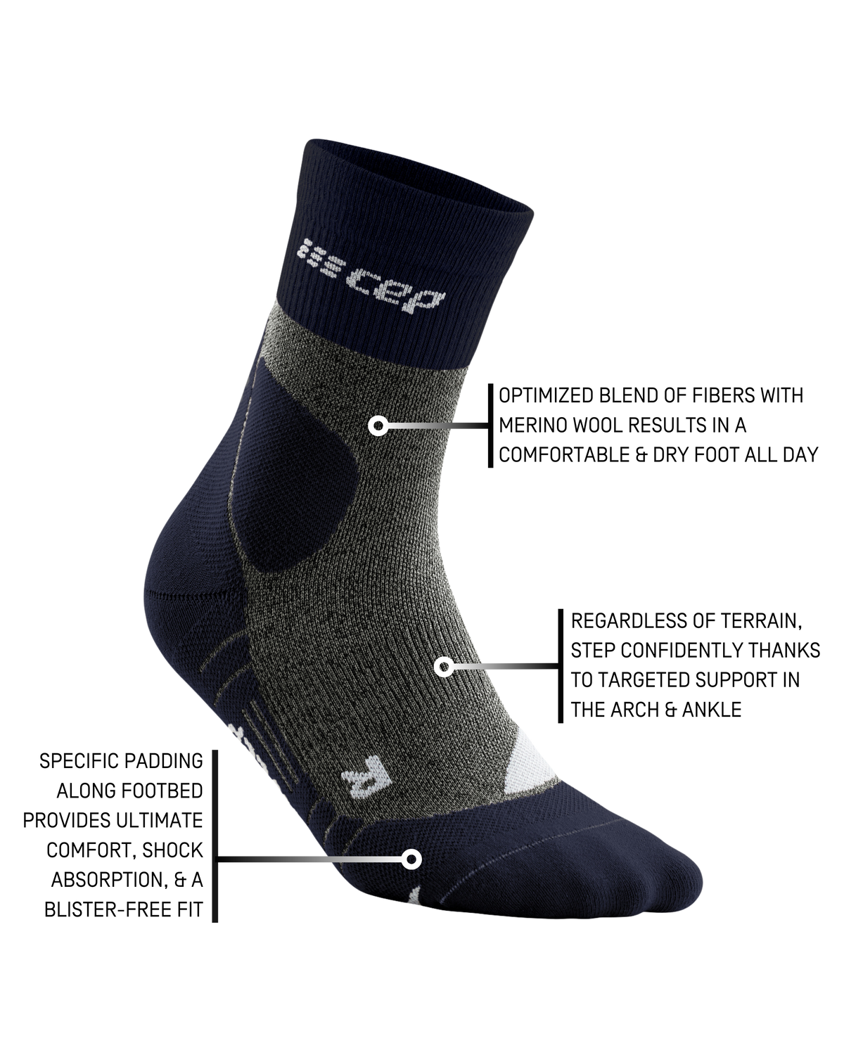 Hiking Merino Mid Cut Compression Socks, Men, Peacoat/Grey