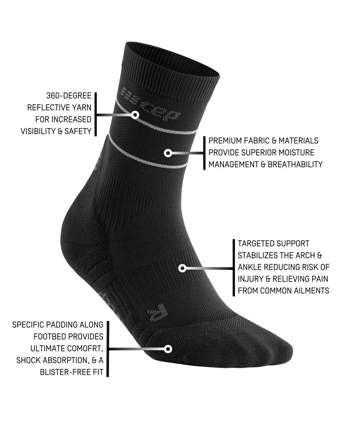 Reflective Mid Cut Compression Socks, Men, Black/Silver