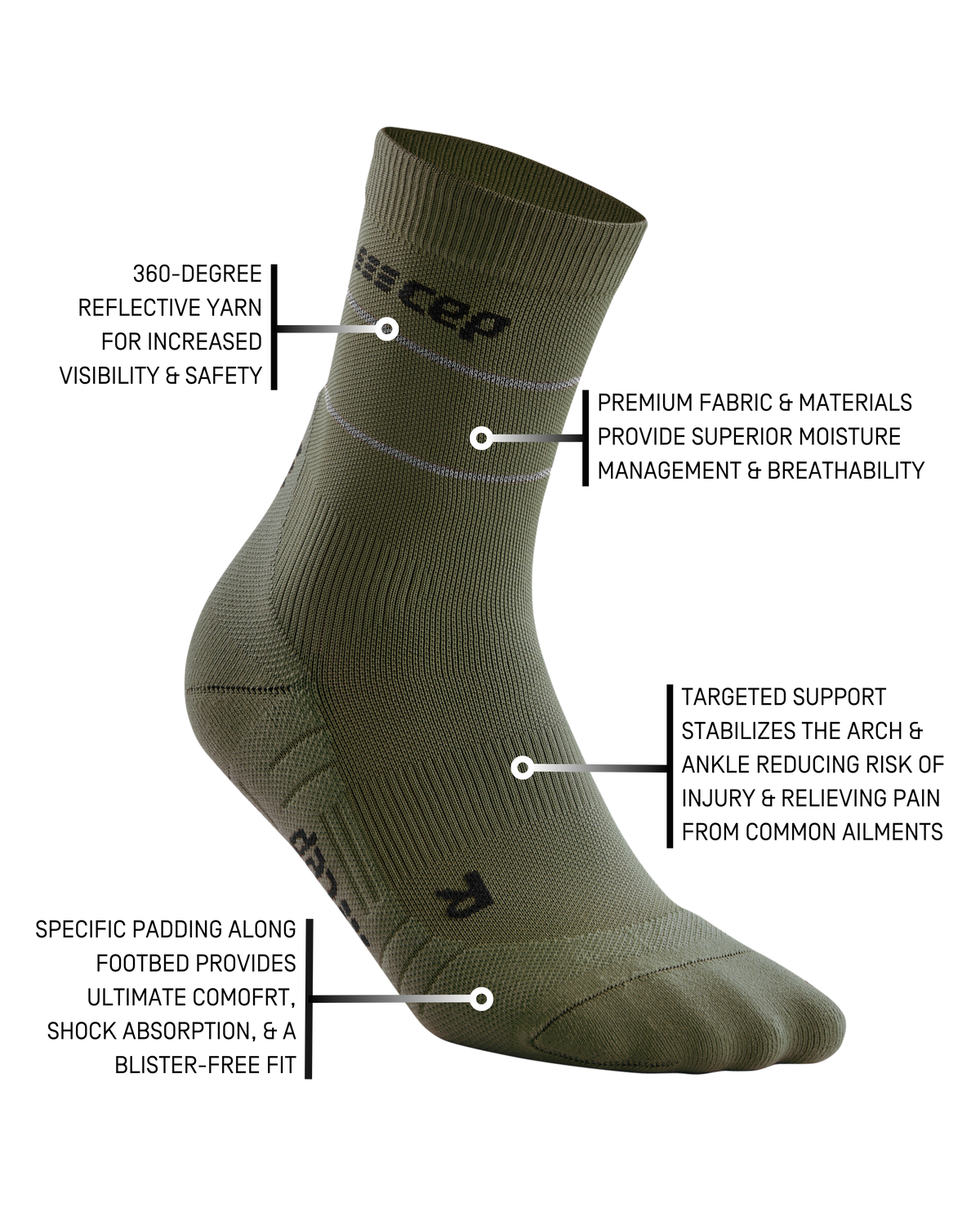 Reflective Mid Cut Compression Socks, Men, Dark Green/Silver