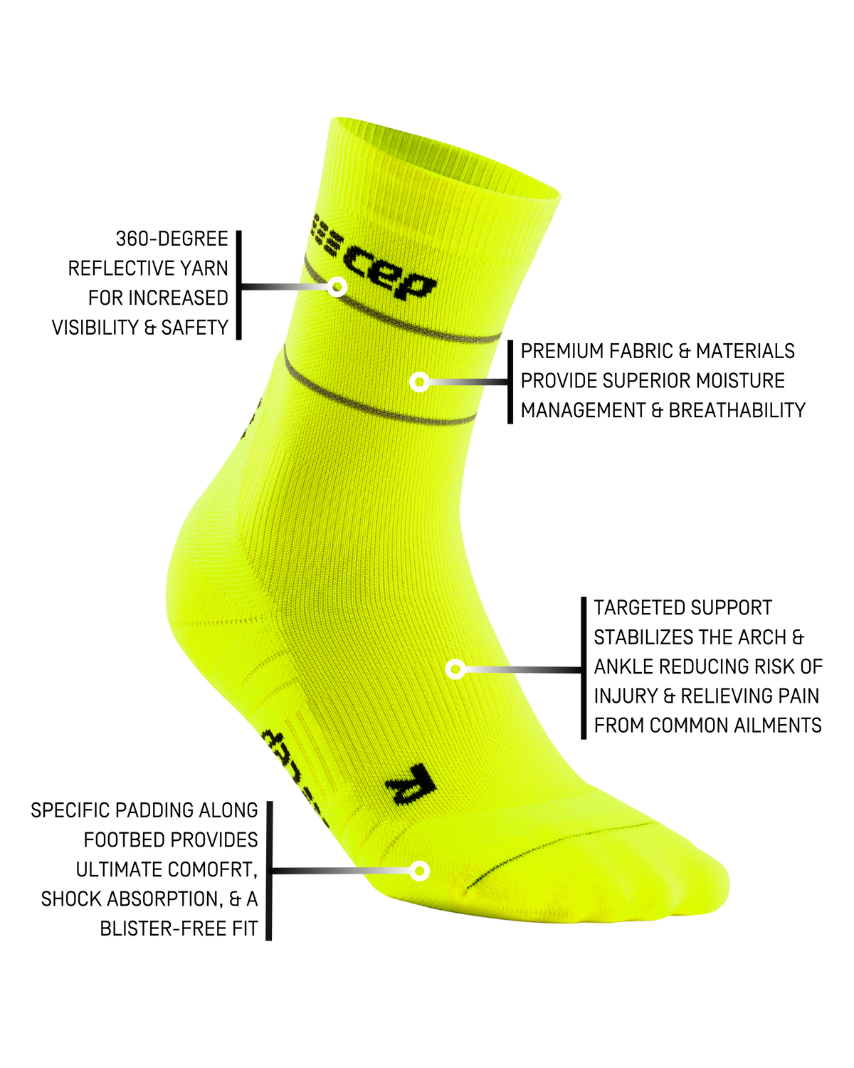 Reflective Mid Cut Compression Socks, Men, Neon Yellow/Silver