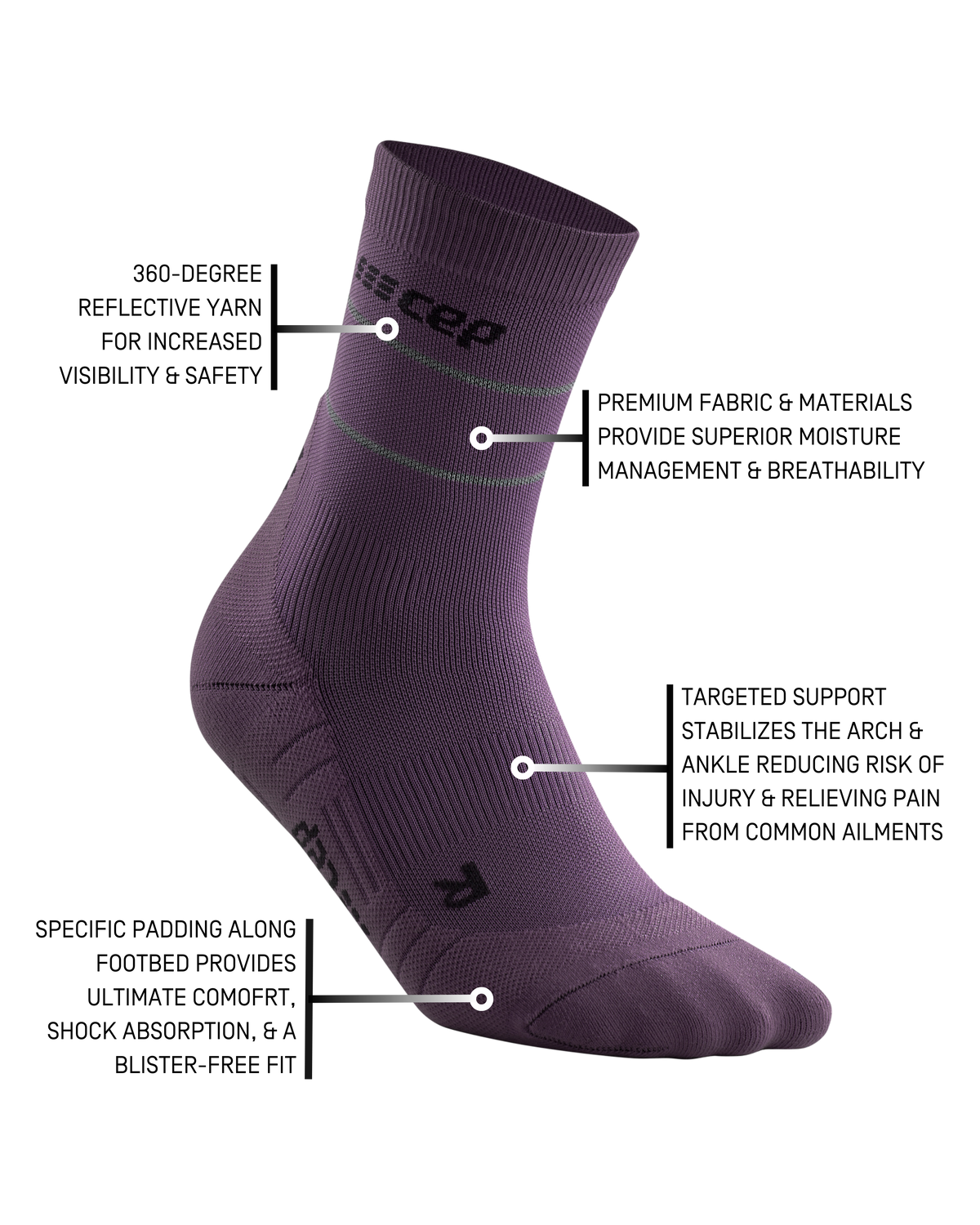 Reflective Mid Cut Compression Socks, Men, Purple/Silver