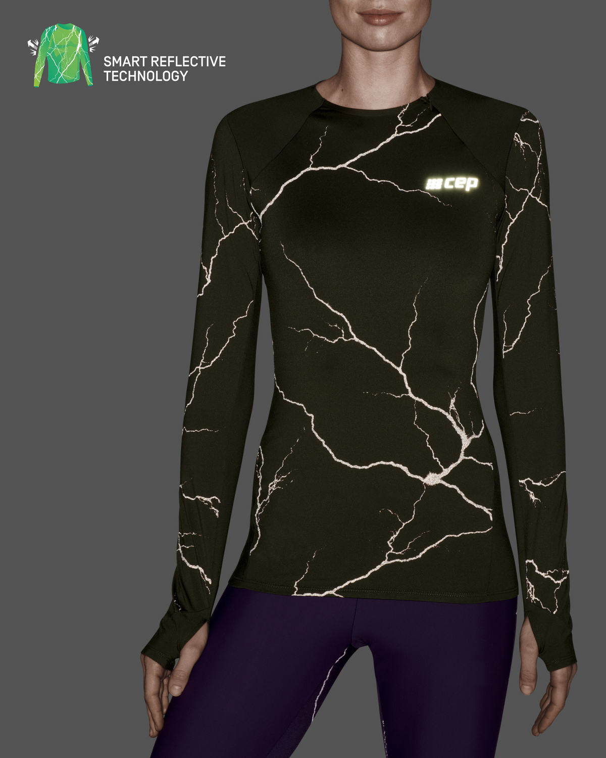 Reflective Long Sleeve Shirt, Women, Dark Green, close-up detail