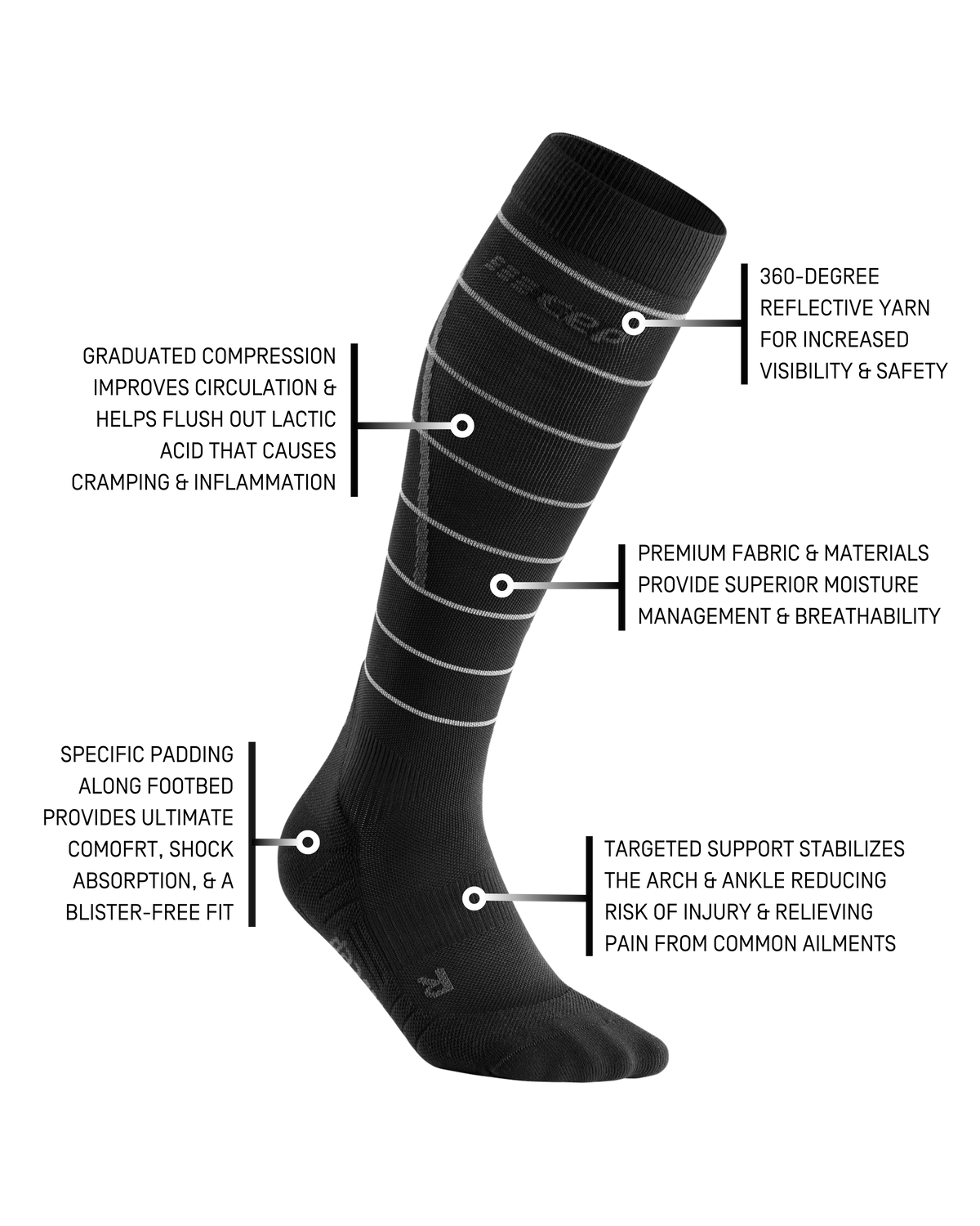 Reflective Tall Compression Socks, Men, Black/Silver