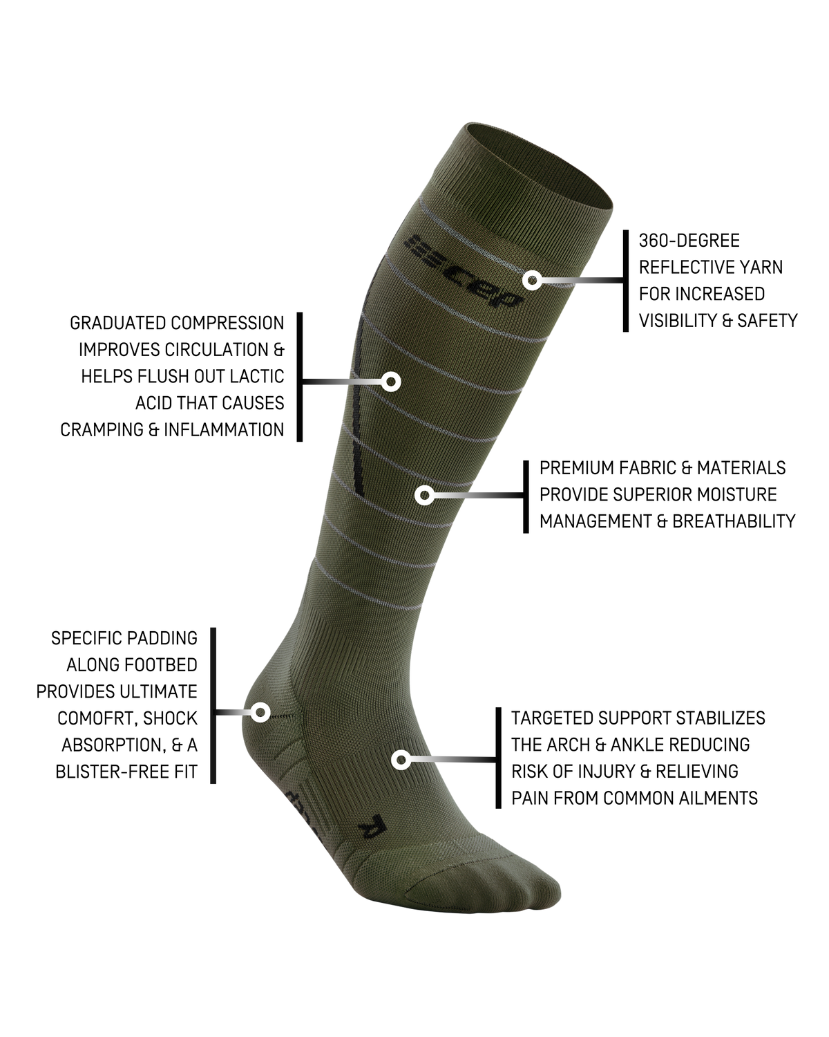 Reflective Tall Compression Socks, Men, Dark Green/Silver