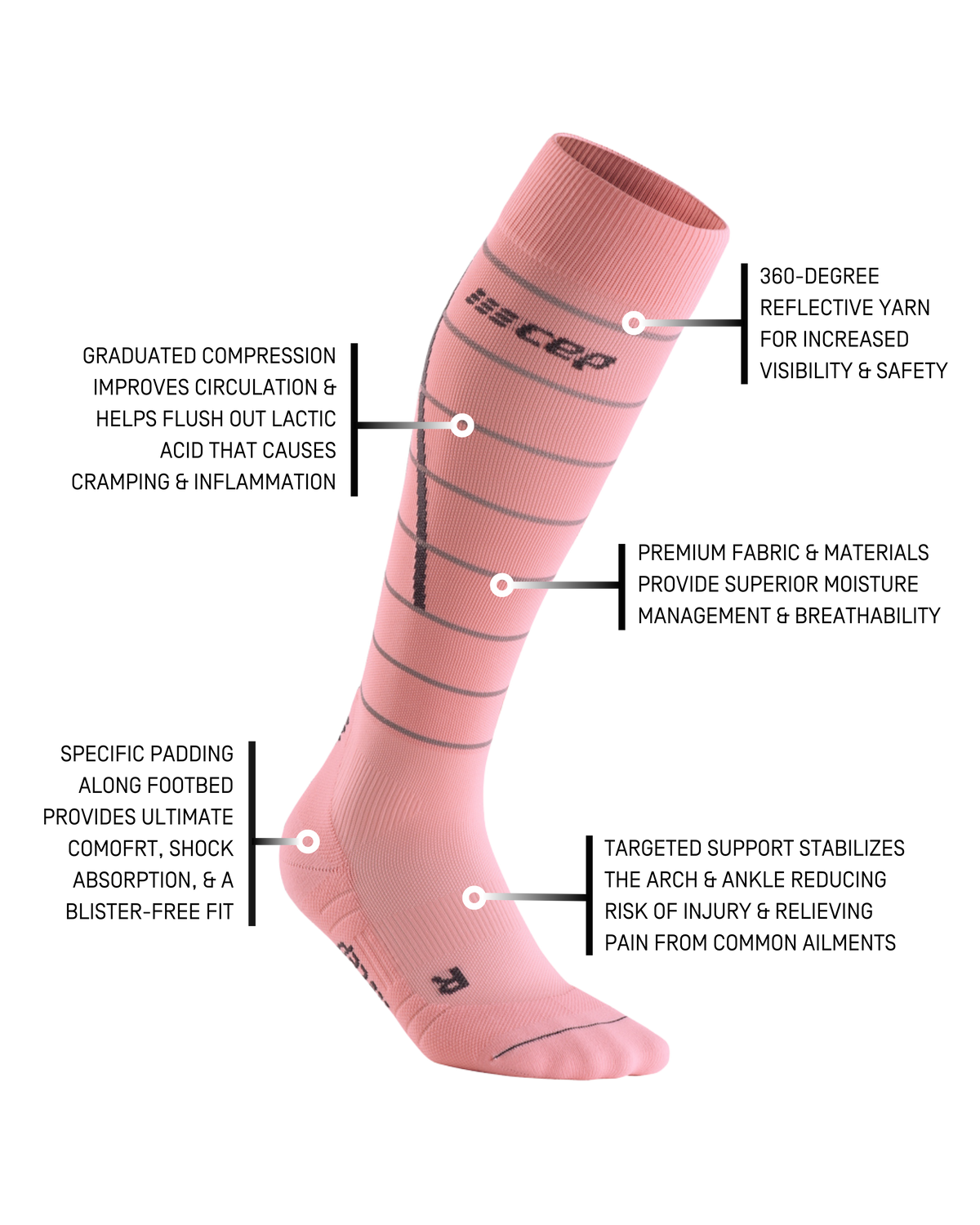 Reflective Tall Compression Socks, Women, Light Rose/Silver