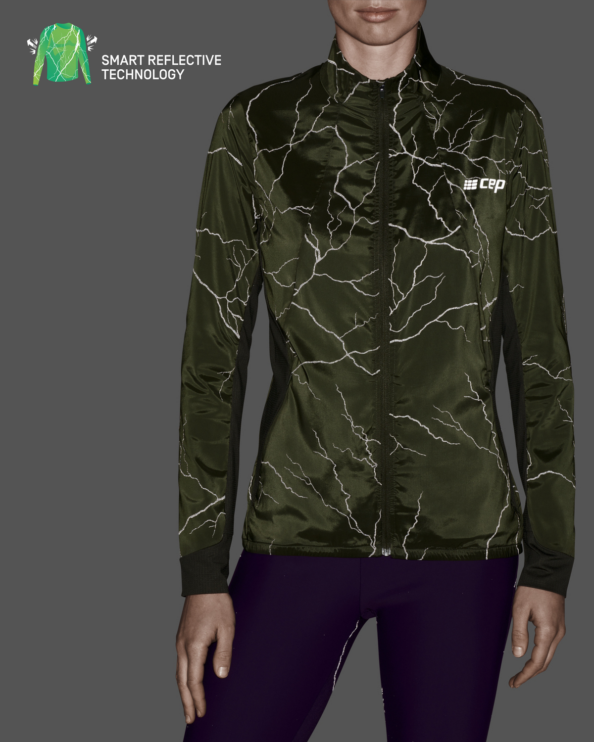 Reflective Windbreaker, Women, Dark Green, close-up detail