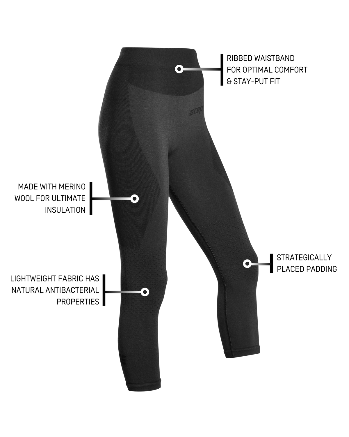Ski Merino 3/4 Base Tights, Women, Black Merino