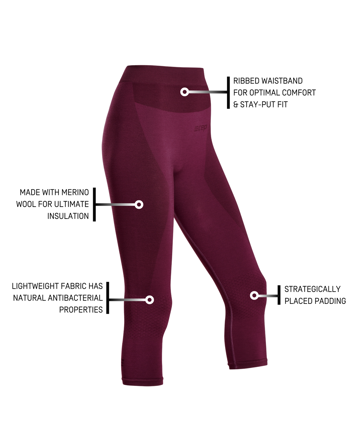Ski Merino 3/4 Base Tights, Women, Purple Merino