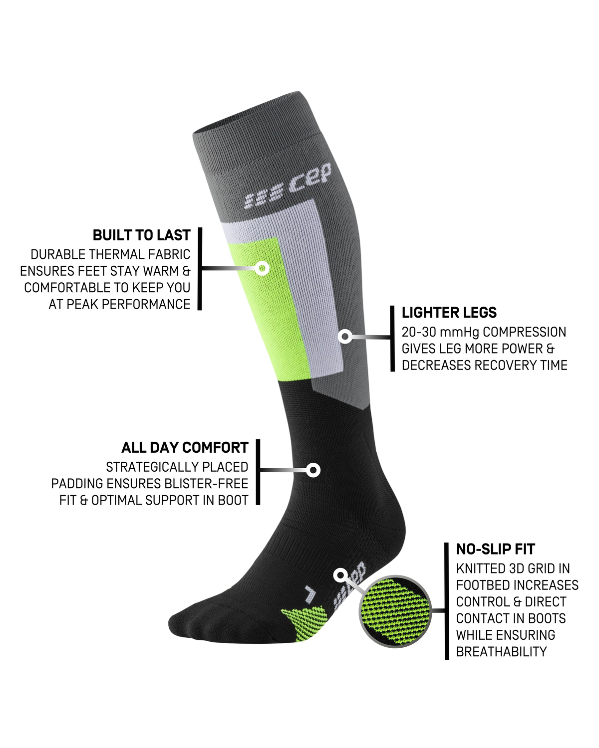 Ski Thermo Tall Compression Socks, Women, Grey/Black/Lime