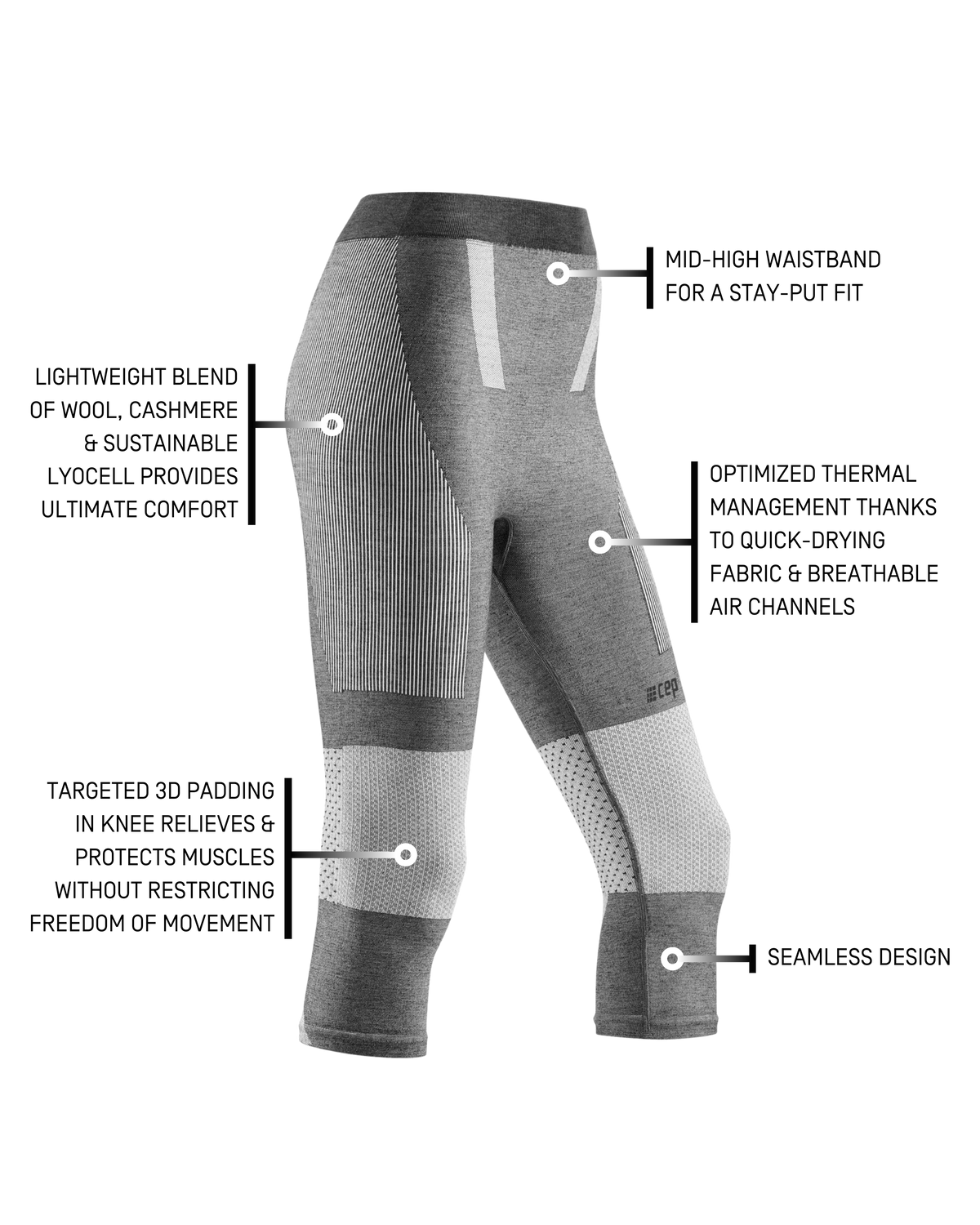 Ski Touring 3/4 Base Tights, Women, Light Grey/Dark Grey