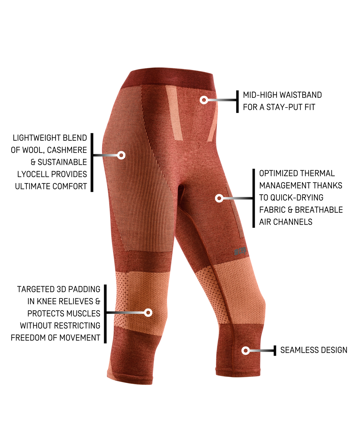 Ski Touring 3/4 Base Tights, Women, Orange/Dark Orange
