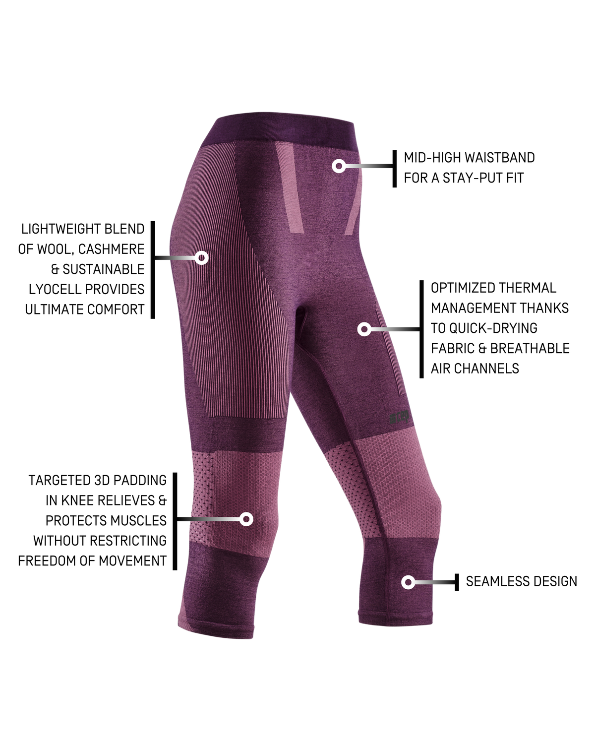 Ski Touring 3/4 Base Tights, Women, Violet/Dark Violet