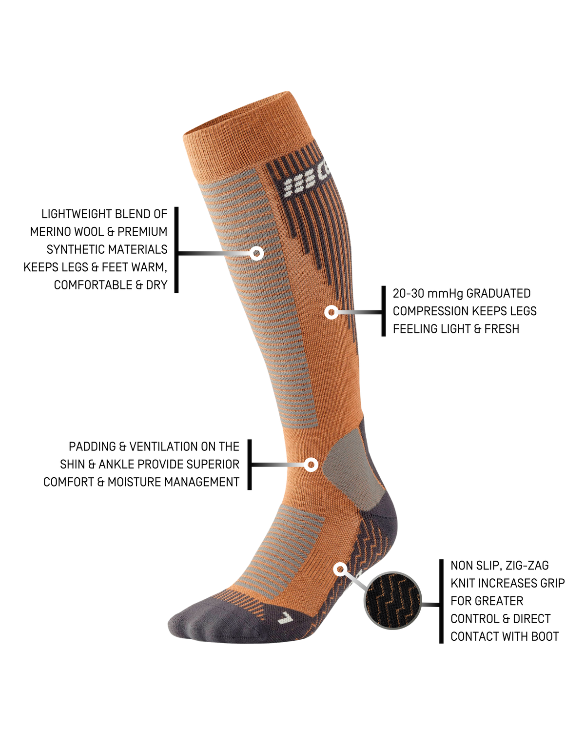 Ski Touring Tall Compression Socks, Women, Caramel