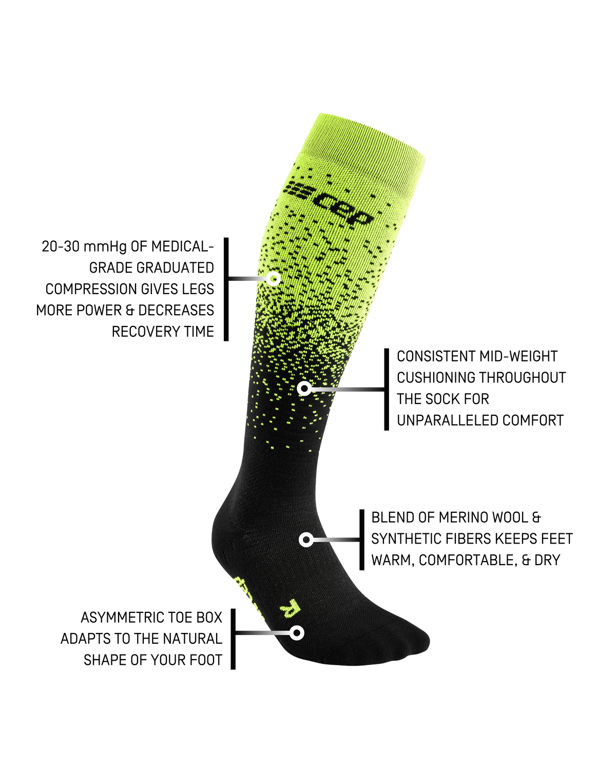Ski Snowfall Tall Compression Socks, Men, Black/Green Snowfall