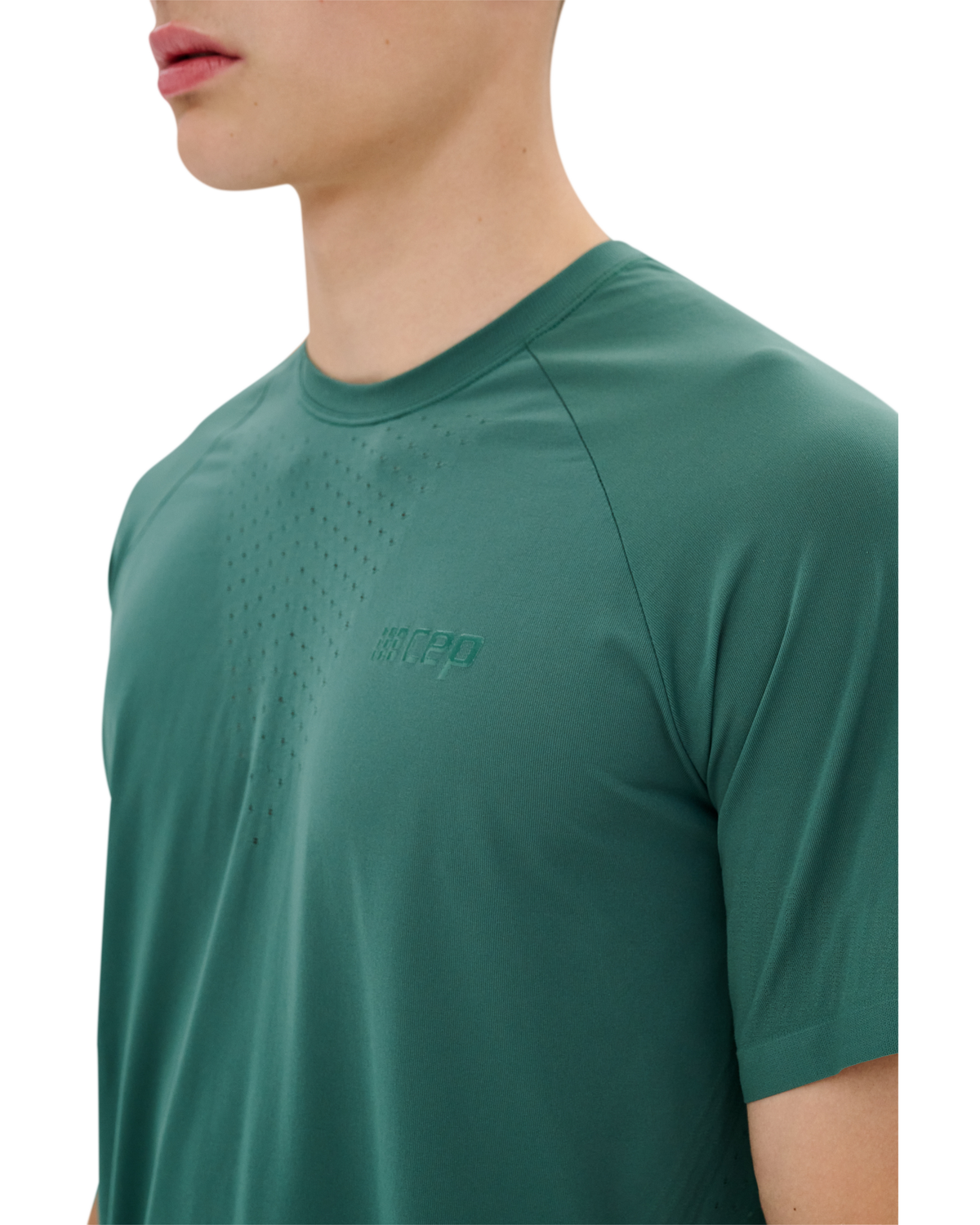 Ultralight Seamless Short Sleeve Shirt, Men, Forest Green, close-up detail