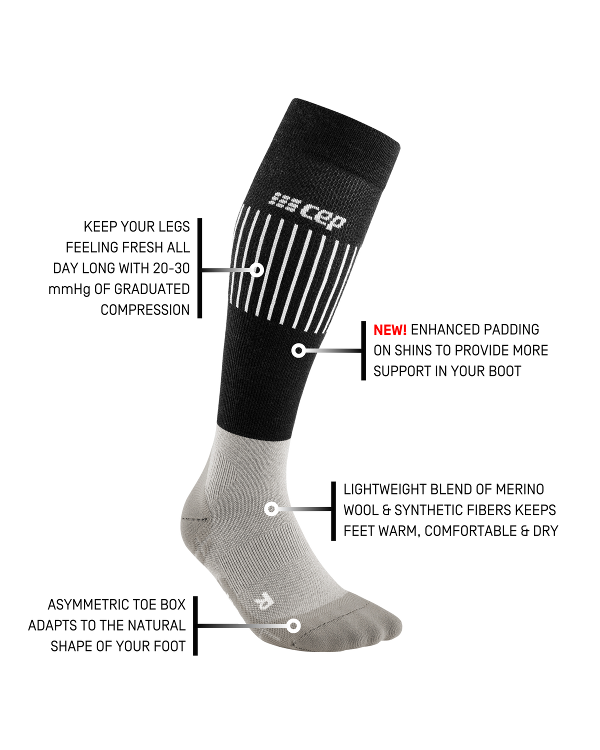 Ski Ultralight Tall Compression Socks, Women, Black/Grey/White