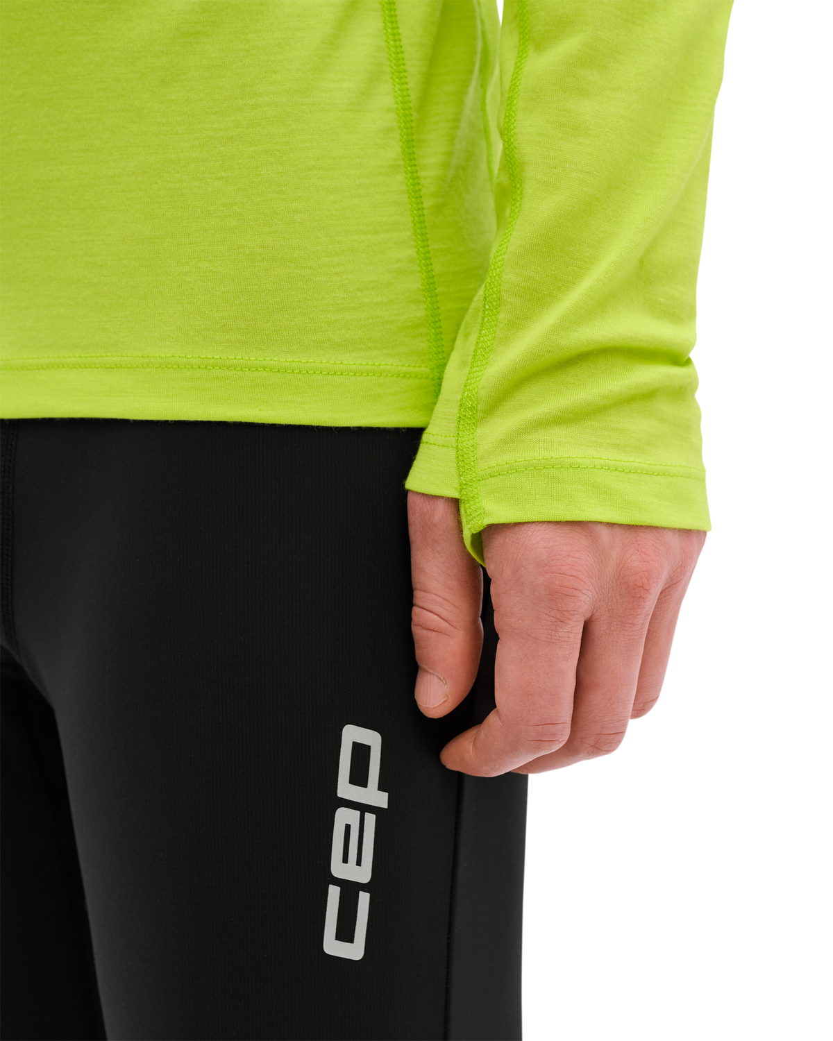 Core Run Merino Long Sleeve Base Shirt, Men, Lime, close-up detail