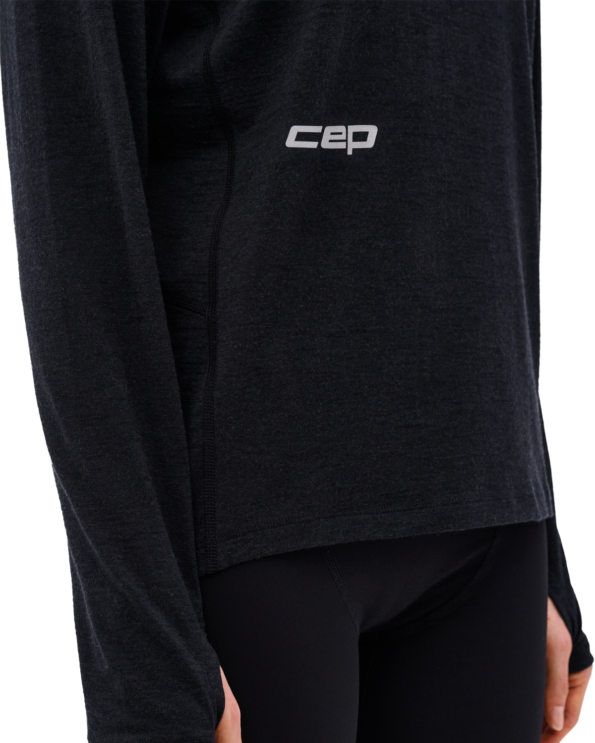 Core Run Merino Long Sleeve Shirt, Women, Black, close-up detail
