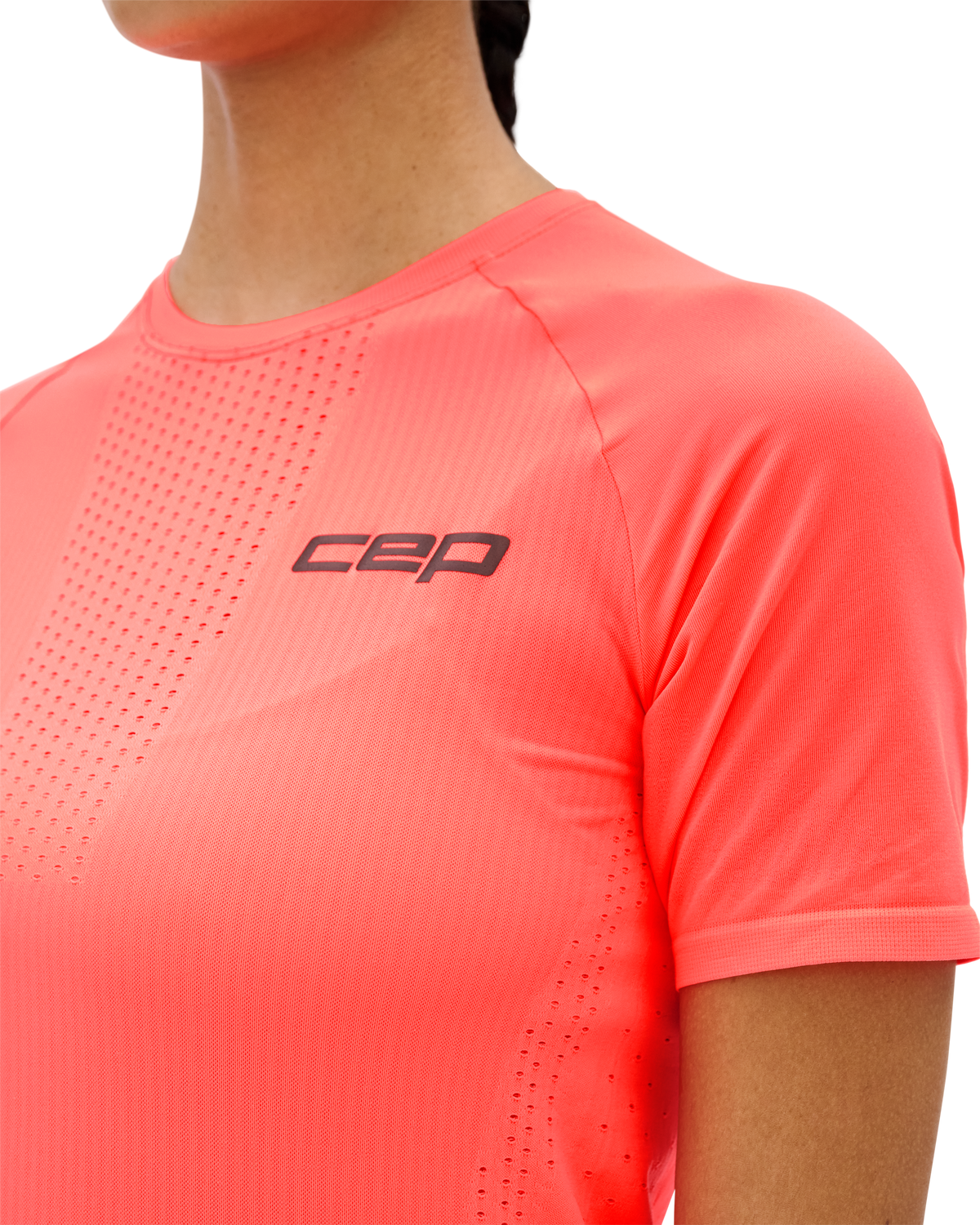 Core Run Ultralight Short Sleeve Shirt, Women, Neon Coral, close-up detail