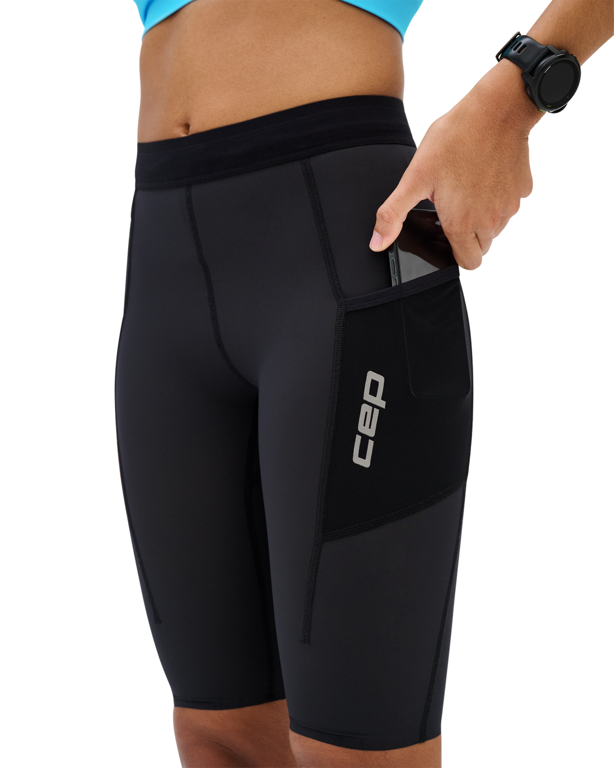 Pro Run Cargo Compression Shorts, Women, Black, close-up detail