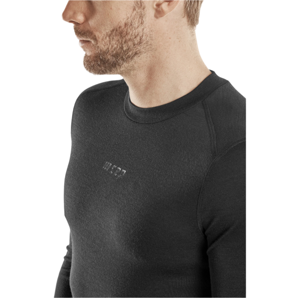 Cold Weather Merino Long Sleeve Shirt, Men, Black Merino, close-up detail