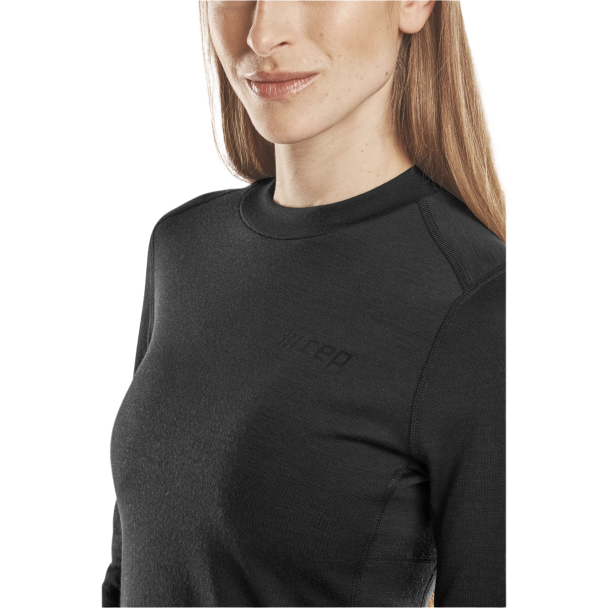Cold Weather Merino Long Sleeve Shirt, Women, Black Merino, close-up detail