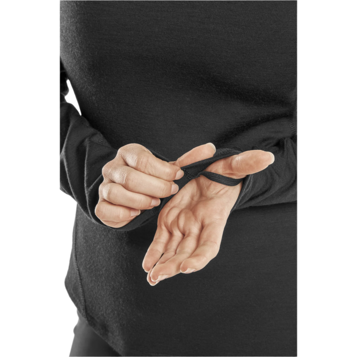 Cold Weather Merino Long Sleeve Shirt, Women, Black Merino, close-up detail
