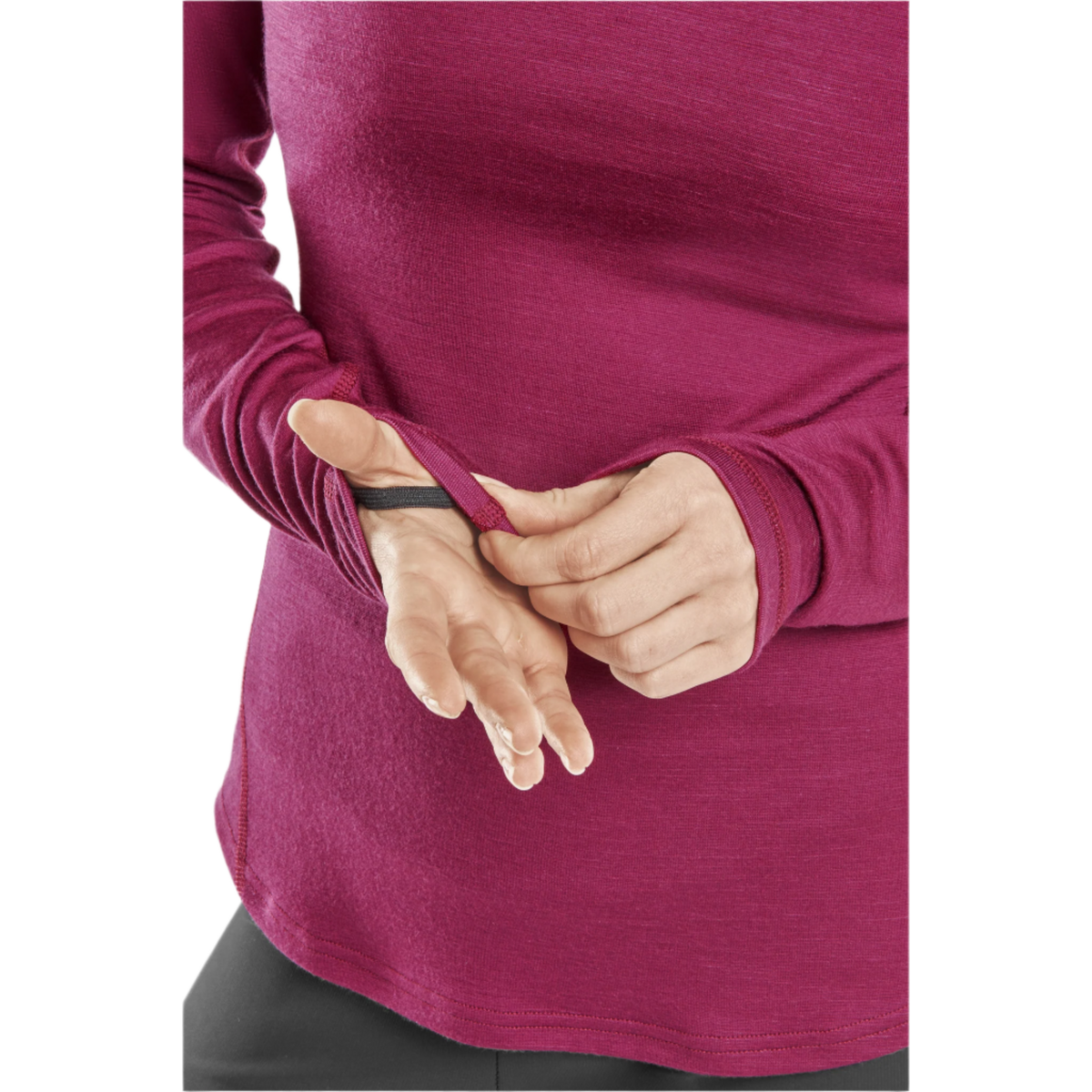 Cold Weather Merino Long Sleeve Shirt, Women, Purple Merino, close-up detail
