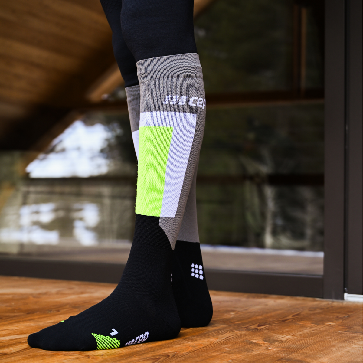 Ski Thermo Tall Compression Socks, Women, Grey/Black/Lime, close-up detail