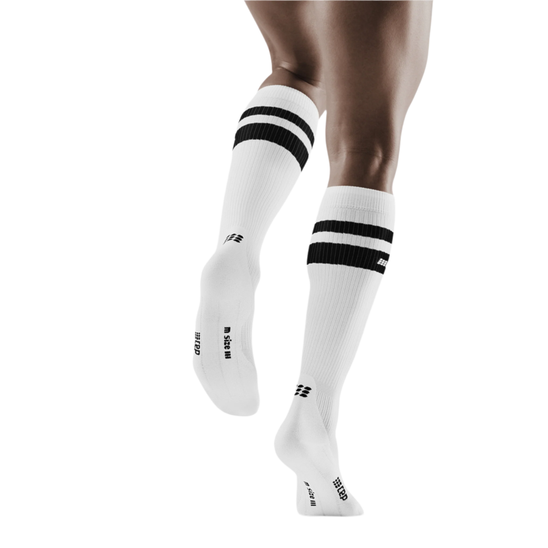 80's Tall Compression Socks, Men, White/Black Stripe, Back View Model