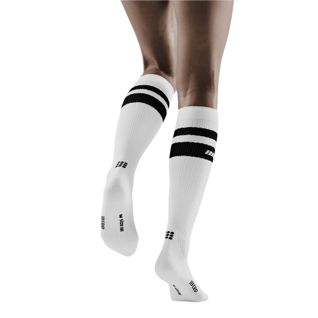 80's Tall Compression Socks, Women, White/Black Stripe, Back View Model