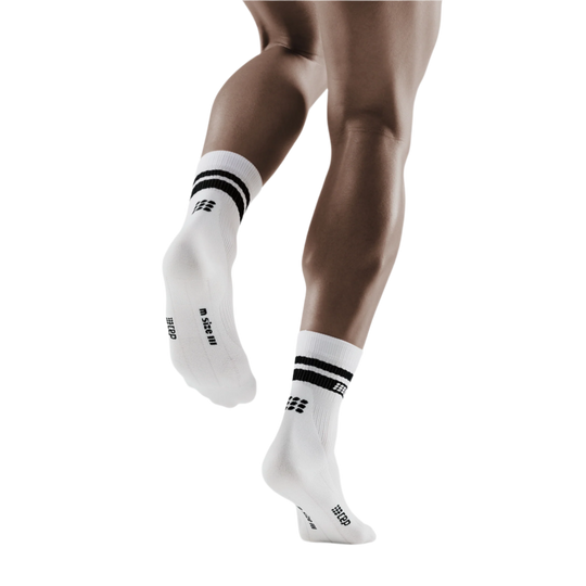 80's Mid Cut Compression Socks, Men, White/Black Stripe, Back View Model