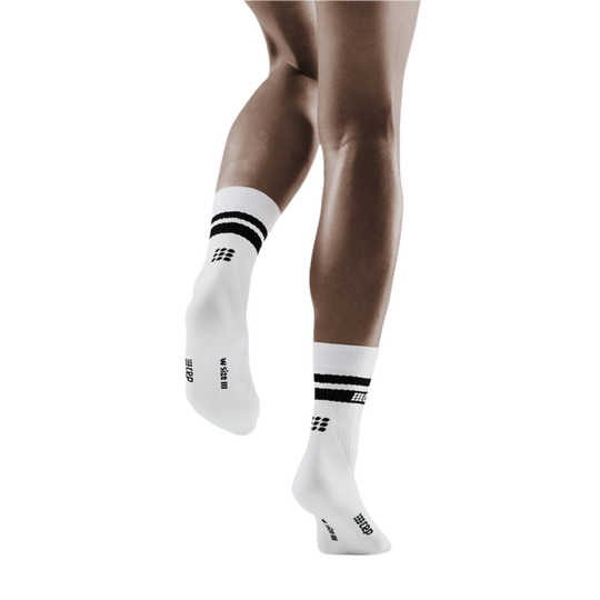 80's Mid Cut Compression Socks, Women, White/Black Stripe, Back View Model