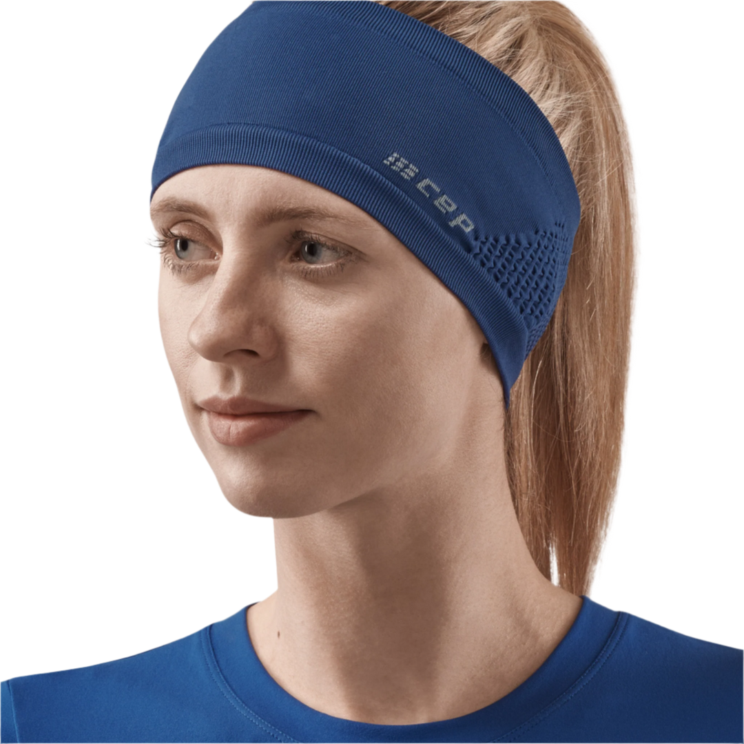 Cold Weather Headband, Blue, Front View Female Model