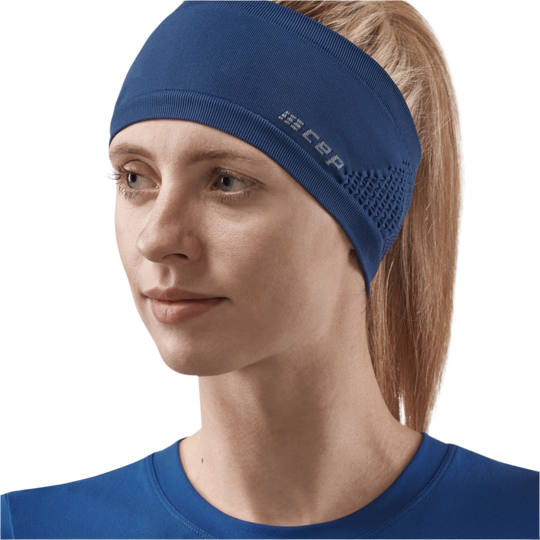 Cold Weather Headband, Blue, Front View Female Model