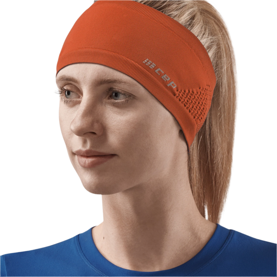 Cold Weather Headband, Dark Orange, Front View Female Model