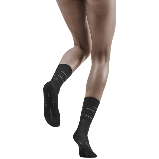 Reflective Mid Cut Compression Socks, Women, Black/Silver, Back View Model