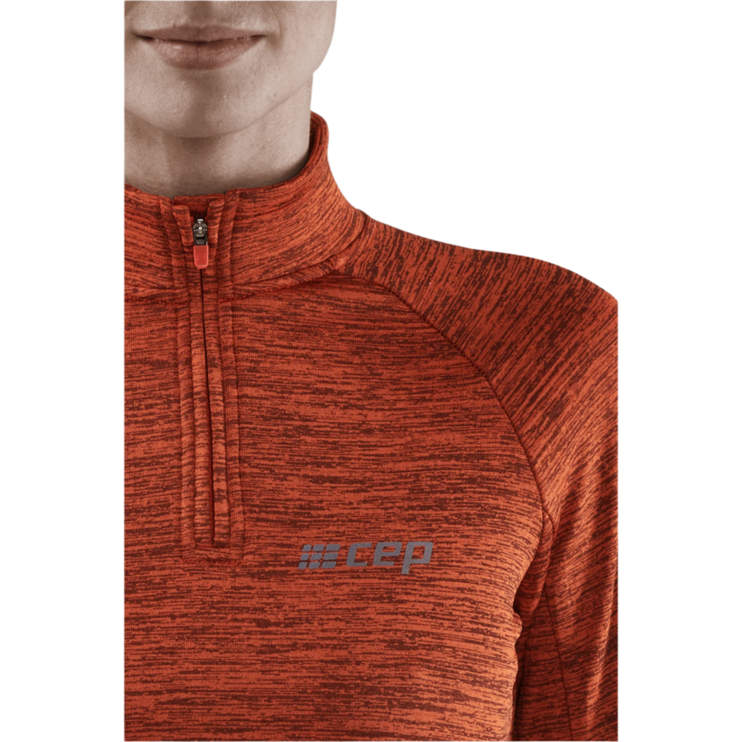 Winter Run Quarter Zip Pullover, Women, Dark Orange Melange, Logo Detail