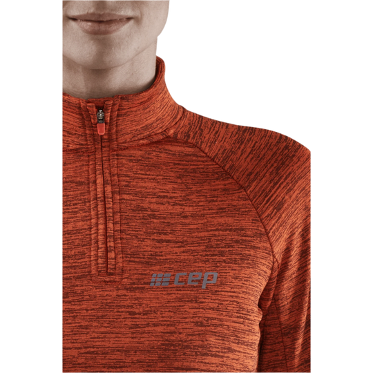 Winter Run Quarter Zip Pullover, Women, Dark Orange Melange, Logo Detail