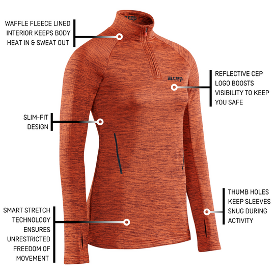 Winter Run Quarter Zip Pullover, Women, Dark Orange Melange, Detail