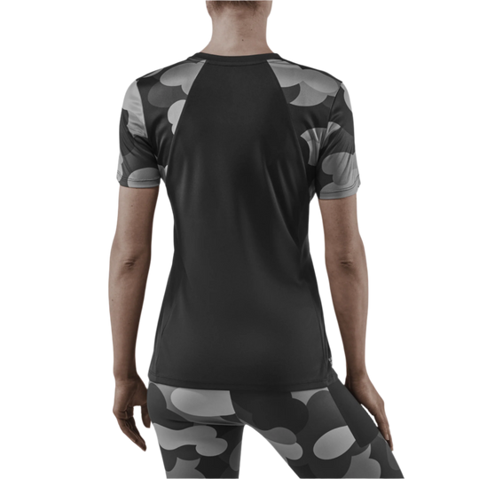 Camocloud Short Sleeve Shirt, Women, Black/Grey Camo, Back View Model