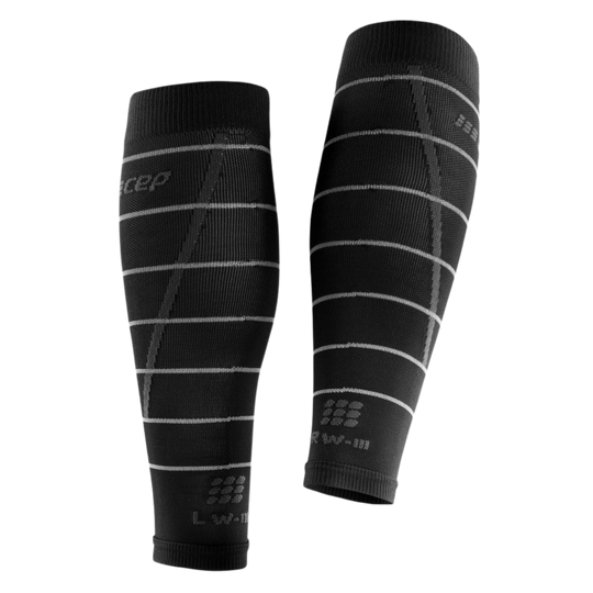 Reflective Compression Calf Sleeves, Women, Black/Silver, Back View